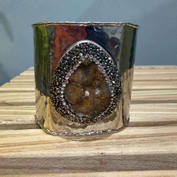 HP🌈 Sterling Silver Druzy Quartz Statement Cuff – Artisan Hammered Wide Bracelet - Picture 3 of 7